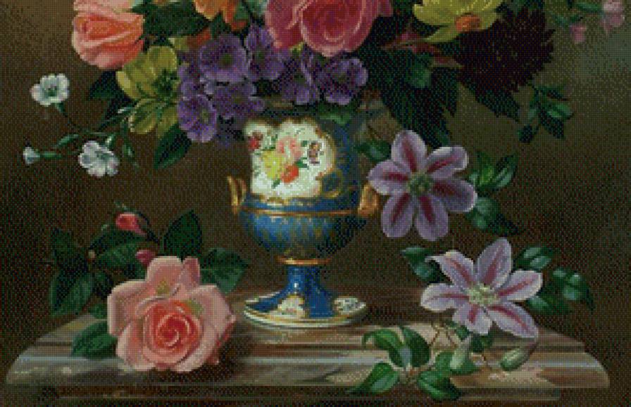 старинная картина часть 2 - ваза, живопись, цветы, гладиолус, георгин, букет, клематис, роза - предпросмотр