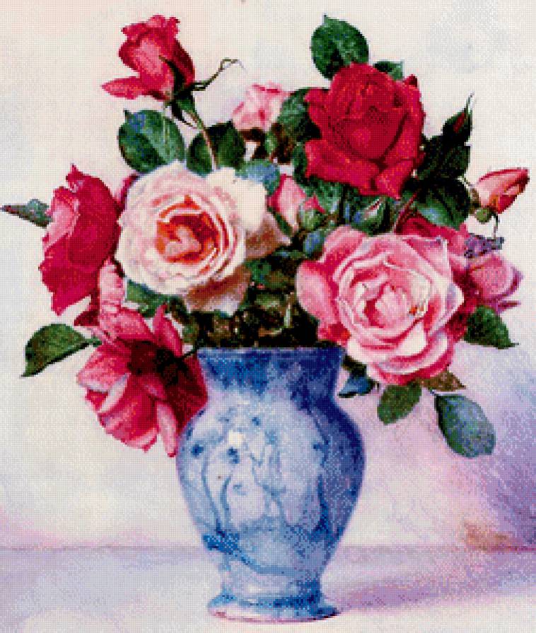 розы в синей вазе - цветы, роза, букет, живопись - предпросмотр