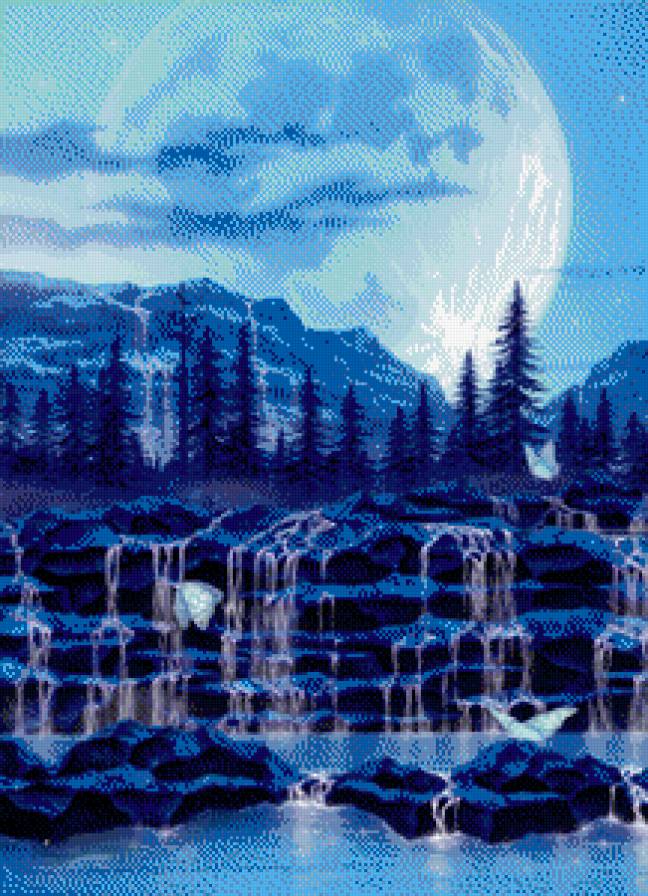 снежный барс у водопада часть 1 - природа, горы, бабочка, хищник, луна, лес, живопись, ночь, вода - предпросмотр