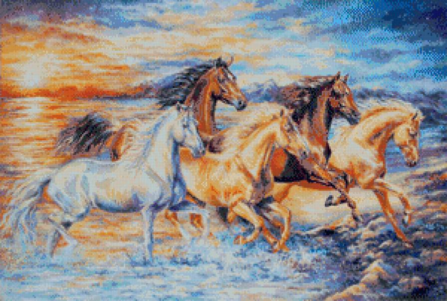 В лучах заката - волны, бегущие, закат, табун, лошади - предпросмотр