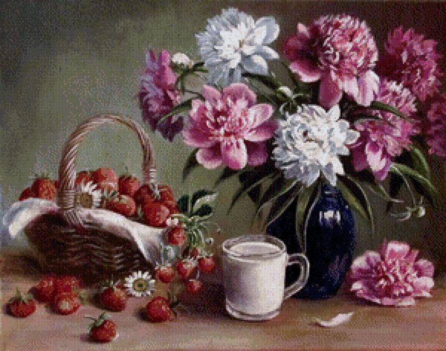 Натюрморт с клубникой - клубника, натюрморт, пионы, букет, ягоды, цветы - предпросмотр
