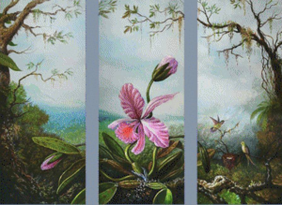 триптих орхидея и колибри - триптих, картины, картина, цветы - предпросмотр