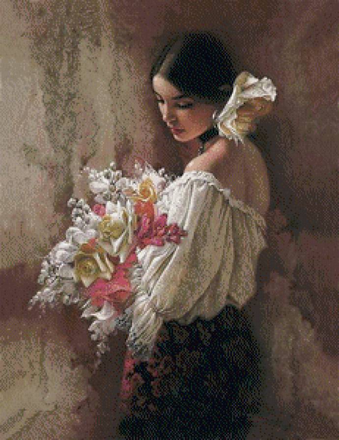 ли богл 49 девушка с букетом - картина, цветы, девушка, ли богл, дева, нежность - предпросмотр