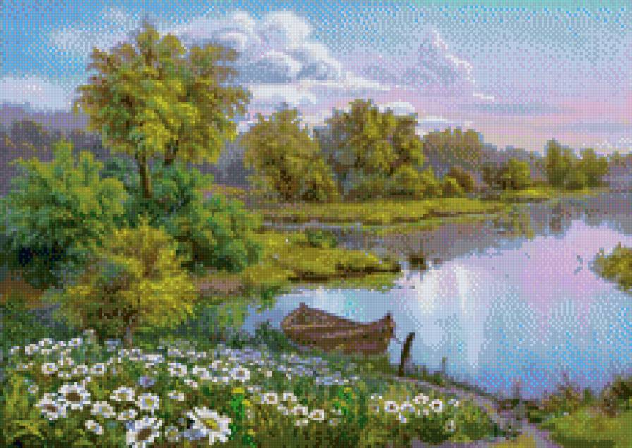 Красота летнего утра - утро, водоем, лодка, лето, пейзаж - предпросмотр