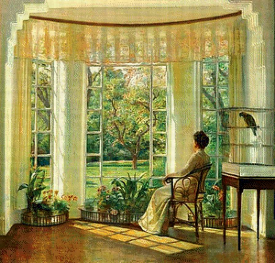 Окно в сад - дама, полдень, веранда, сад, пейзаж, окно, картина, лето - предпросмотр
