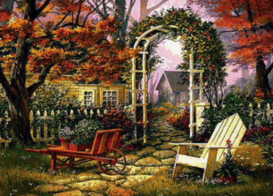 Цветной дворик - цветы, дворик, домик, сад - предпросмотр