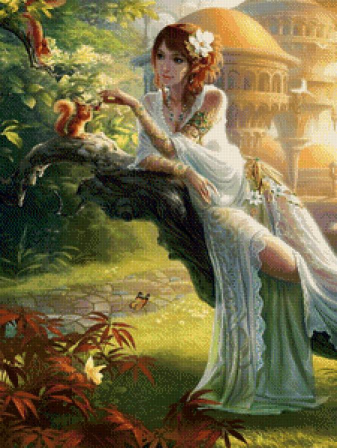 девушка и белки - дева, город, дворец, природа, девушка, дерево, белочки - предпросмотр