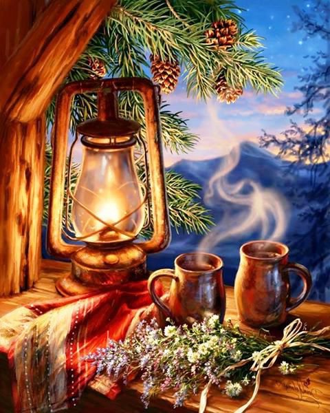 лампа - вид из окна, сосна, елка, чай, кофе, лампа, шишки, окно - оригинал