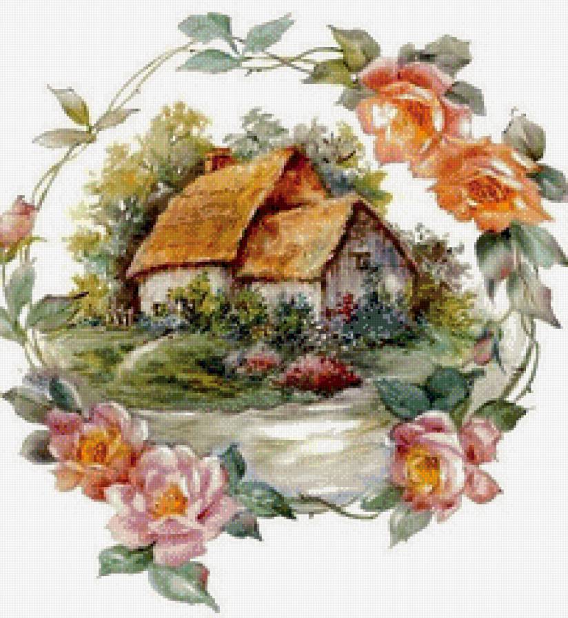 летний домик - домик, гирлянда, цветы, лето, розы, пейзаж, садик, венок - предпросмотр