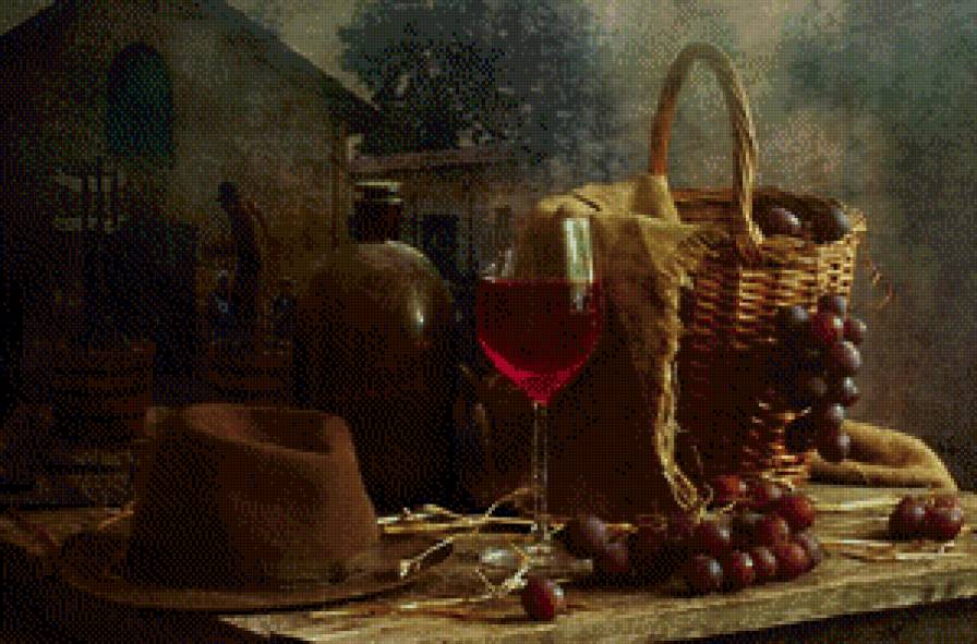 натюрморт с вином - виноград, вино, угощение, картина, натюрморт - предпросмотр