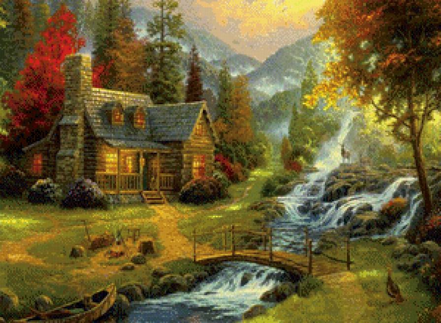 осень в горах - осень, дом, река, ручей, горы, лес, домик - предпросмотр