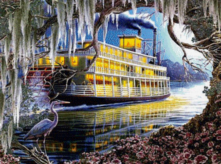 На ночной реке - река, пейзаж, теплоход, ночь - предпросмотр