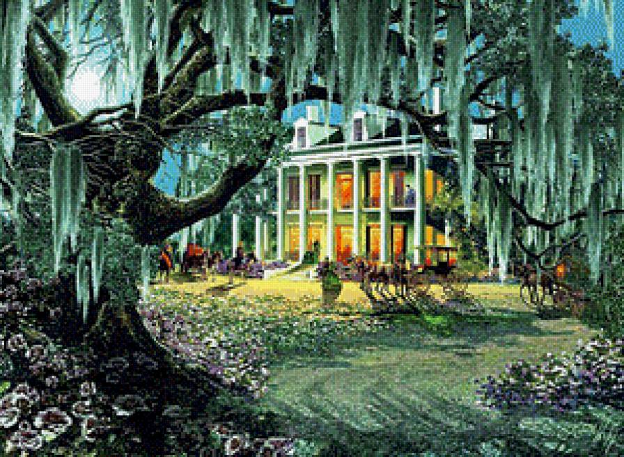 Вечерние гости - кареты, дом, пейзаж, дерево - предпросмотр