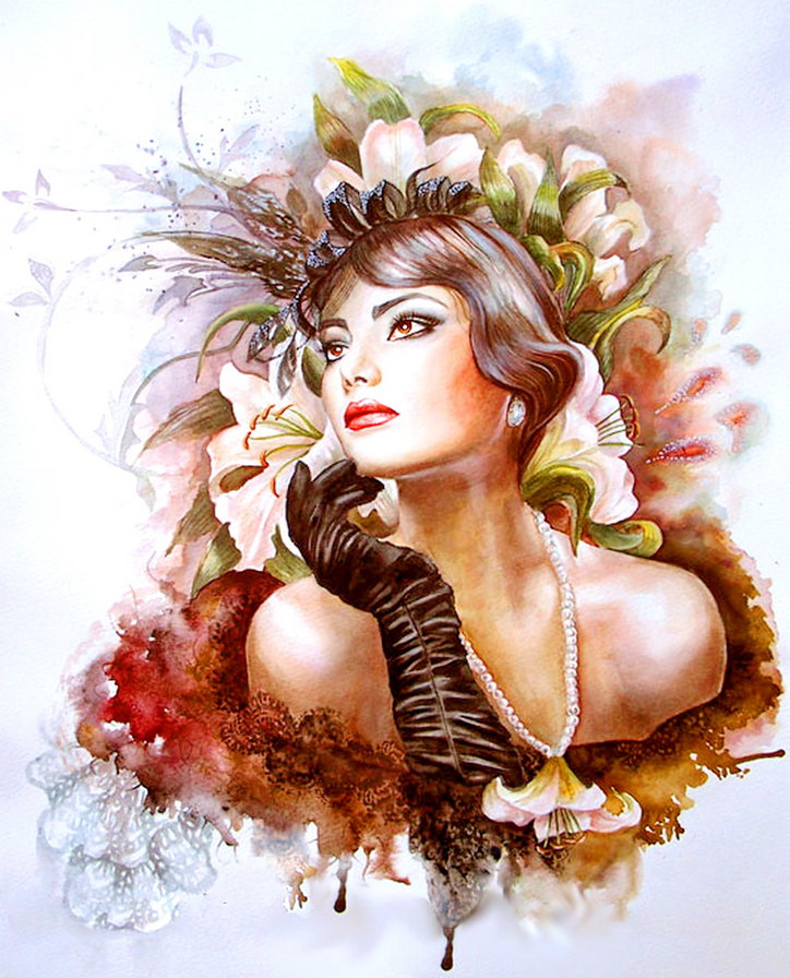 женский образ - картина, живопись, перчатка, рэтро, девушка, женщина, цветы - оригинал