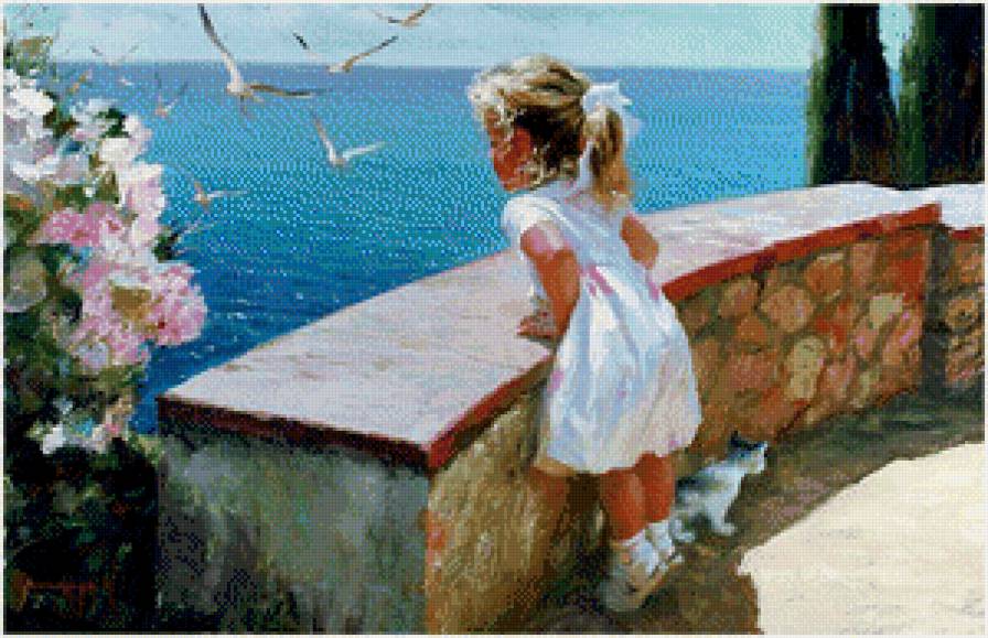 девочка и чайки - дети, море, котенок, птицы, пейзаж, девочка - предпросмотр