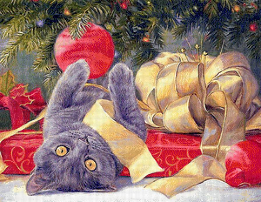 Кот и новогодний подарок - праздники, кошки, рождество, живопись, новый год, животные - предпросмотр