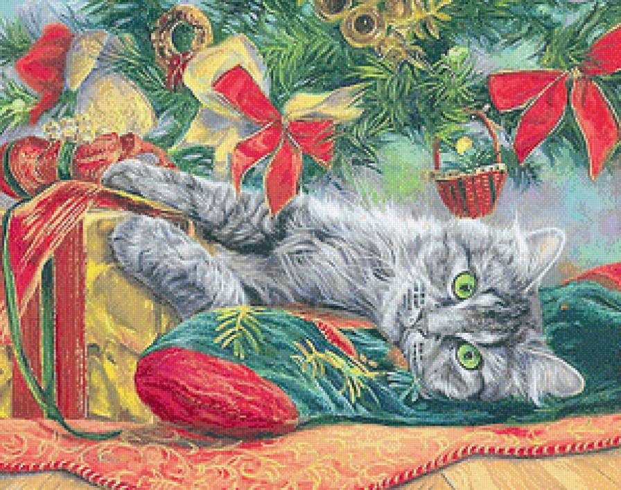Кот на рождественском сапожке - праздники, живопись, рождество, животные, новый год, кошки - предпросмотр