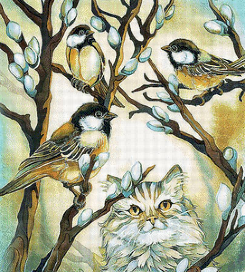 Весенние трели - птицы, кошки, живопись, животные, весна - предпросмотр
