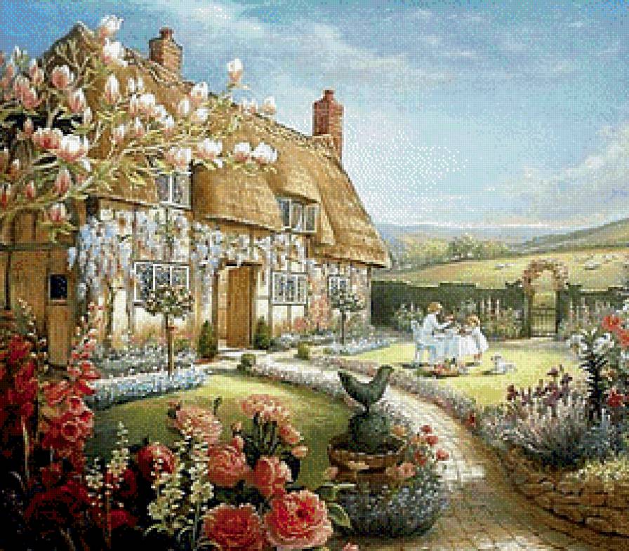 Весна - пейзаж, весна, магнолия, дворик, домик - предпросмотр