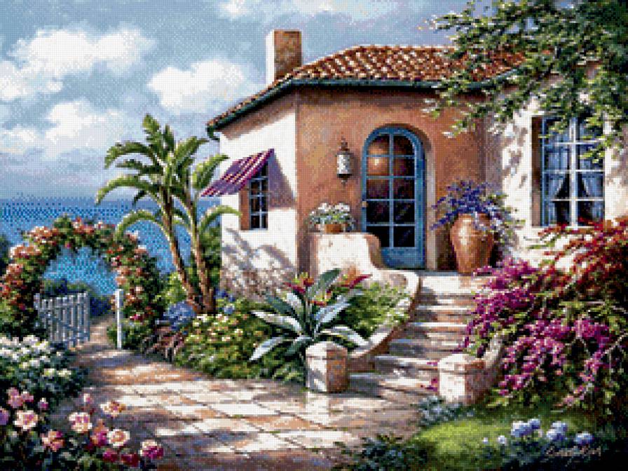 Солнечный полдень - лето, пейзаж, день, дворик, картина - предпросмотр