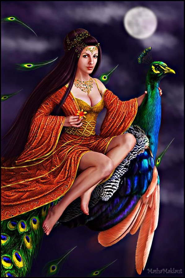 Путешествие на павлине - девушка, красавица, фэнтези - оригинал