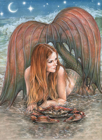 русалка и краб - море, русалка, волна, песок, краб, берег - оригинал