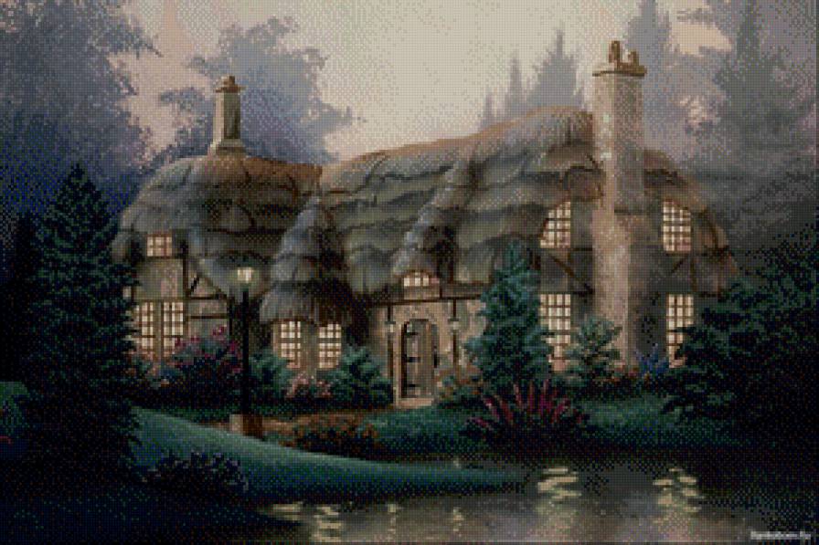 сказочный домик - лес, лето, озеро, пейзаж, природа, домик, пруд, цветы - предпросмотр