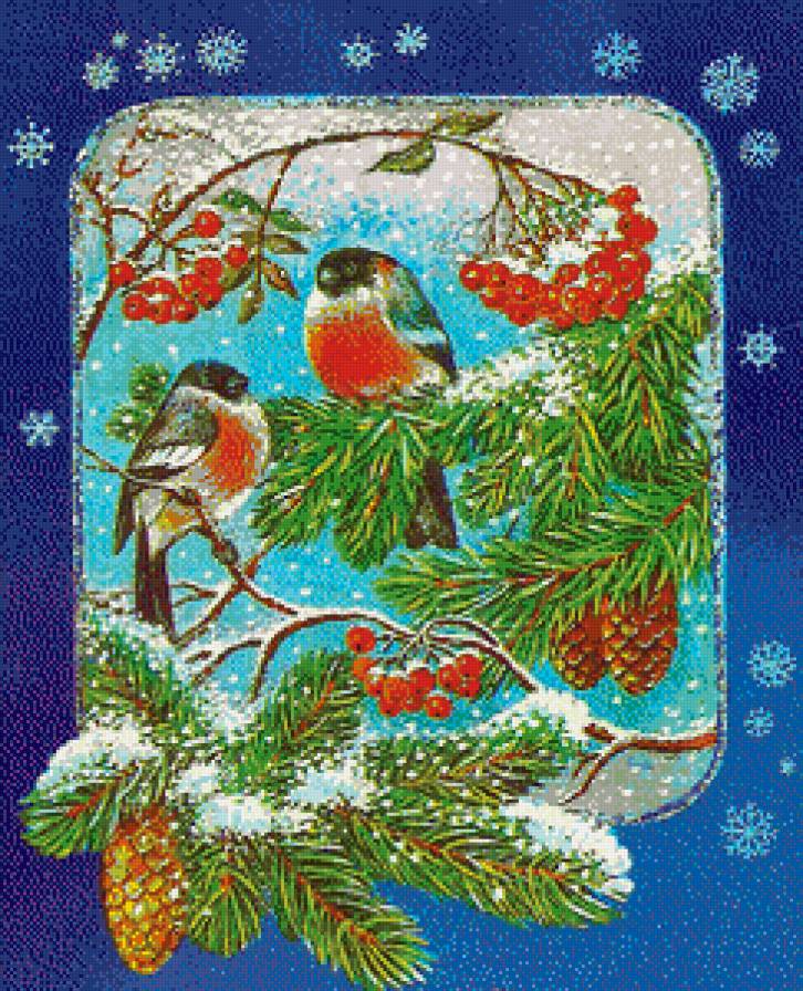 снегири на рябине - калина, снег, куст, снегири, шиповник, синички, рождество, дерево, зима - предпросмотр