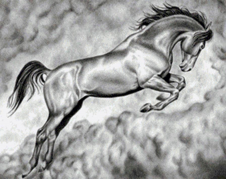 Конь,парящий в облаках... - монохром, живопись, животные, лошади - предпросмотр