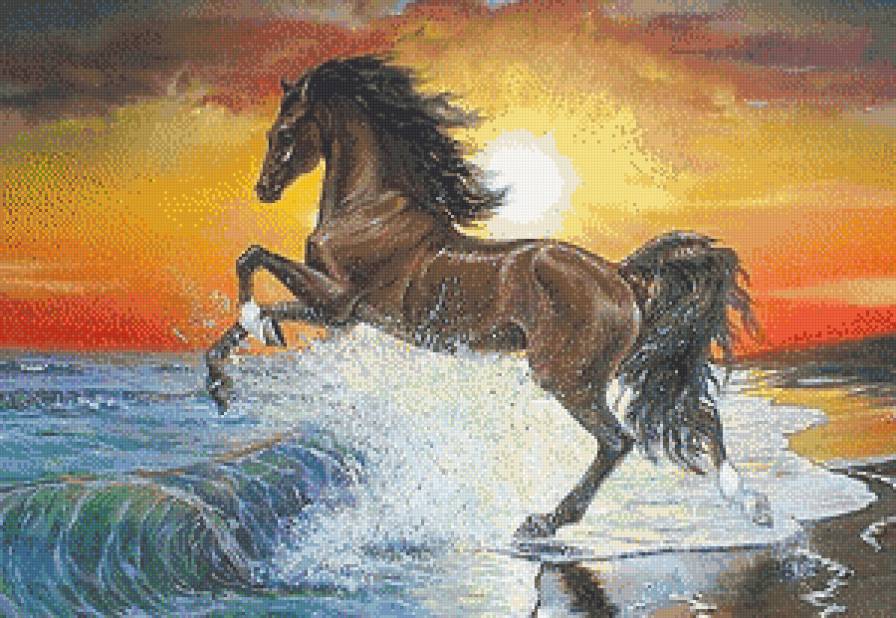 В брызгах волн...(живопись) - закат, лошади, животные, живопись, картины, море - предпросмотр