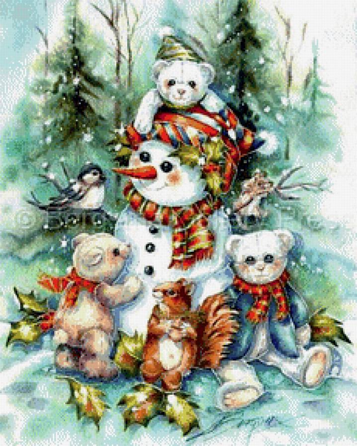 Снеговик - картинка, новогоднее, мишки, снеговик, птички, зима - предпросмотр