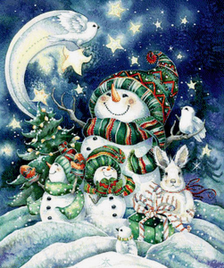 Веселые снеговики - новогоднее, картинка, птички, зима, снеговики - предпросмотр