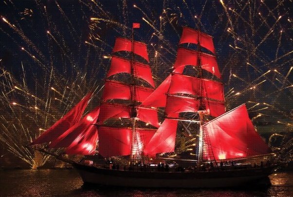 Алые паруса. - ночь, корабль, салют - оригинал