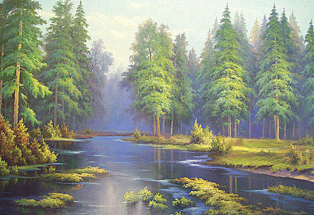 Лесная река - пейзаж, лес, река, живопись - оригинал