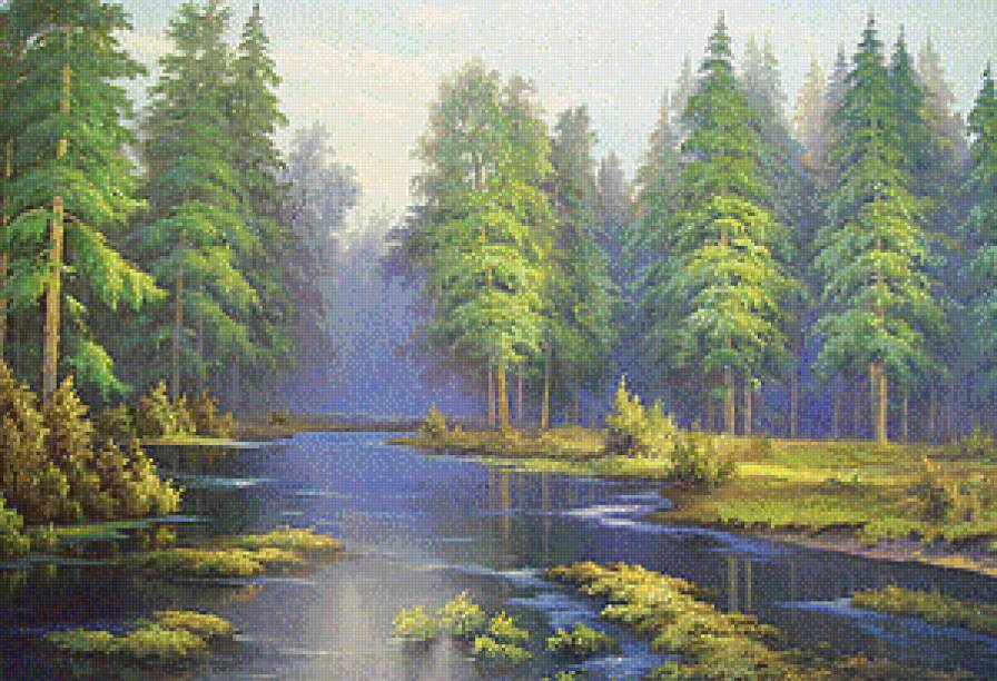 Лесная река - лес, пейзаж, река, живопись - предпросмотр