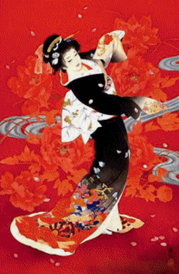 Гейша на красном - танец, япония, гейша - предпросмотр