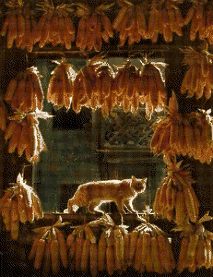 Кот и кукуруза - кот, атмосфера, окно, пастель, кукуруза - предпросмотр