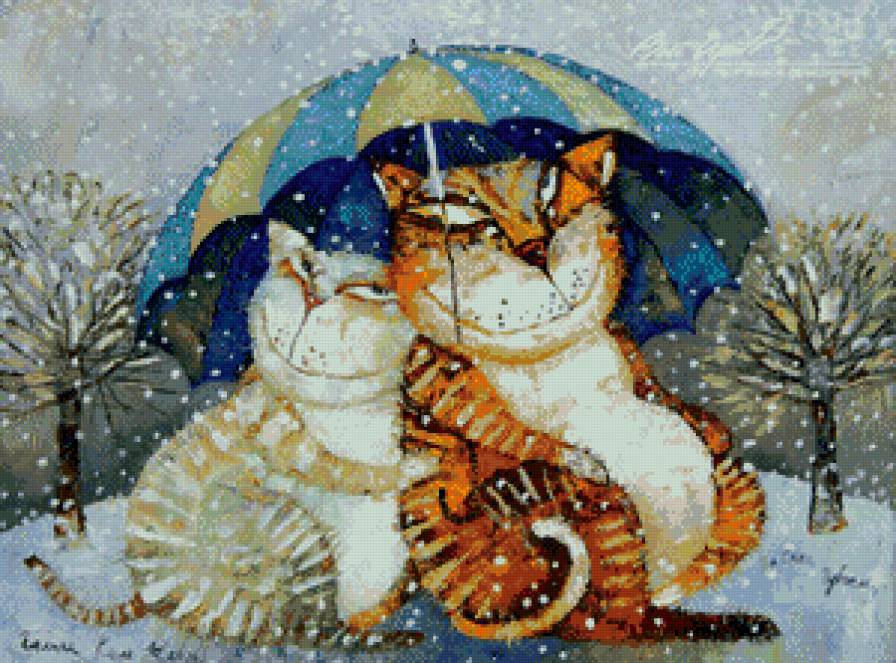 Смешные котики - животные, кошки, зима, пейзаж, зонт - предпросмотр