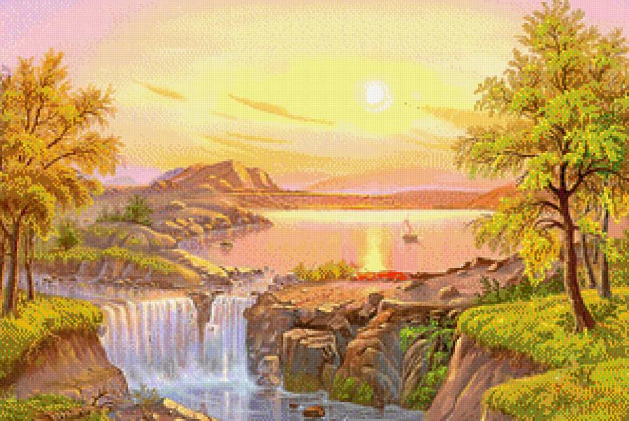 Сказочный пейзаж - пейзаж, водопад, живопись, закат, река - предпросмотр