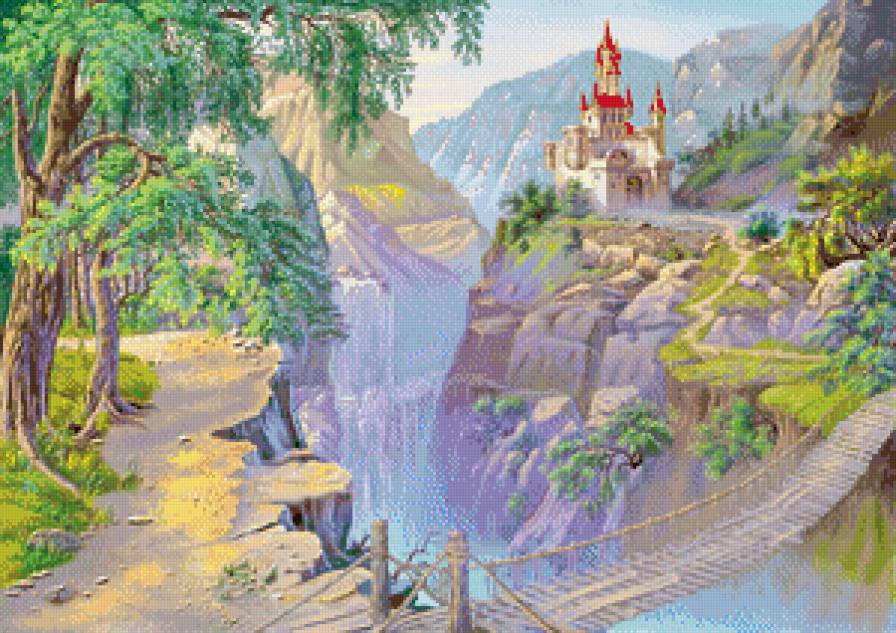 Сказочный пейзаж - мостик, живопись, замок, пейзаж, домики - предпросмотр