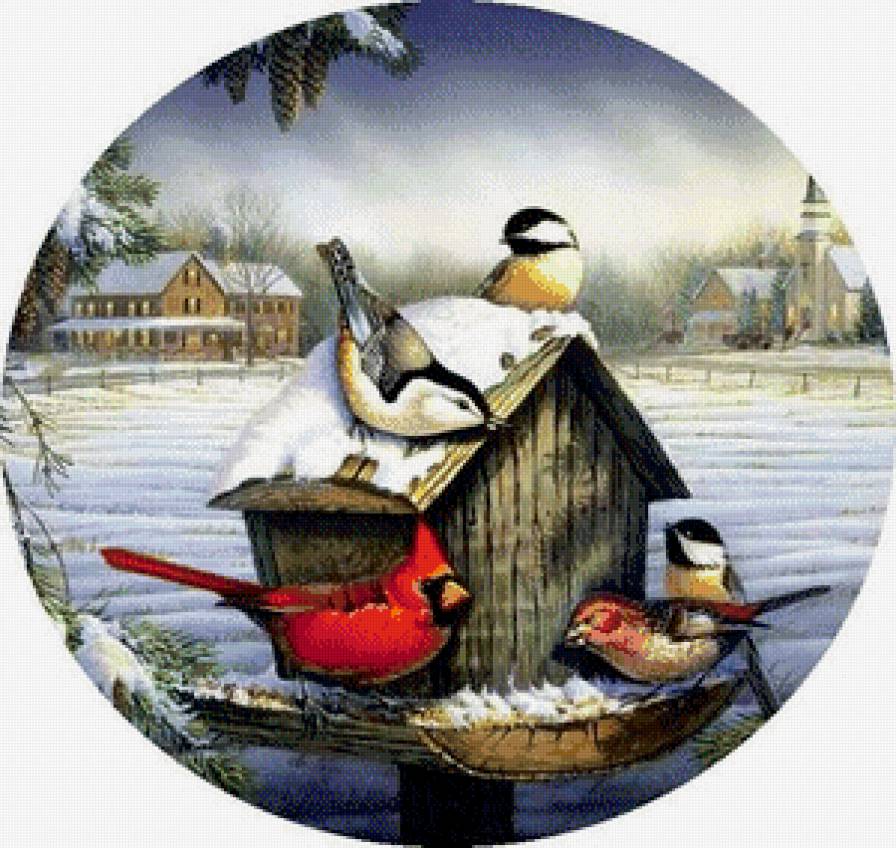 Скворечник - зима, птицы, село - предпросмотр