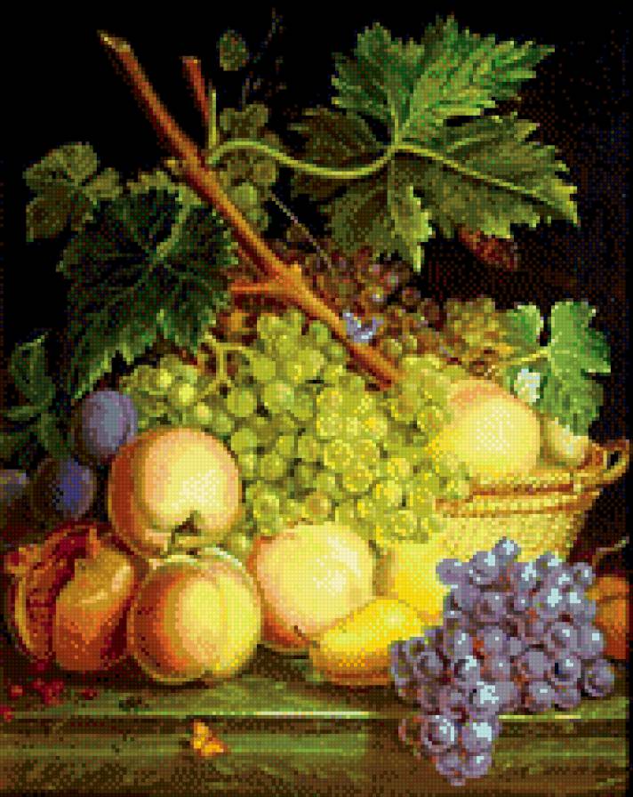 Натюрморт с фруктами - винорад, гранат, персики, натюрморт - предпросмотр