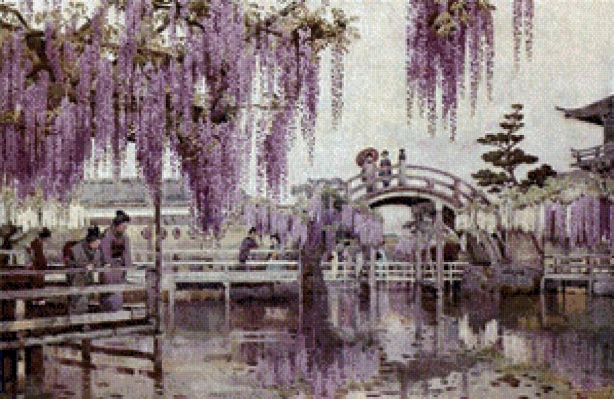 Японский пейзаж - сиреневое, деревья, пруд, пейзаж, цветение, япония - предпросмотр