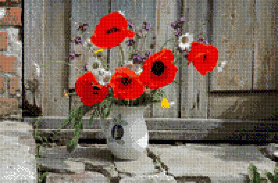 Пламенеющие маки - натюрморт, букет, мак, керамика, кувшин - предпросмотр