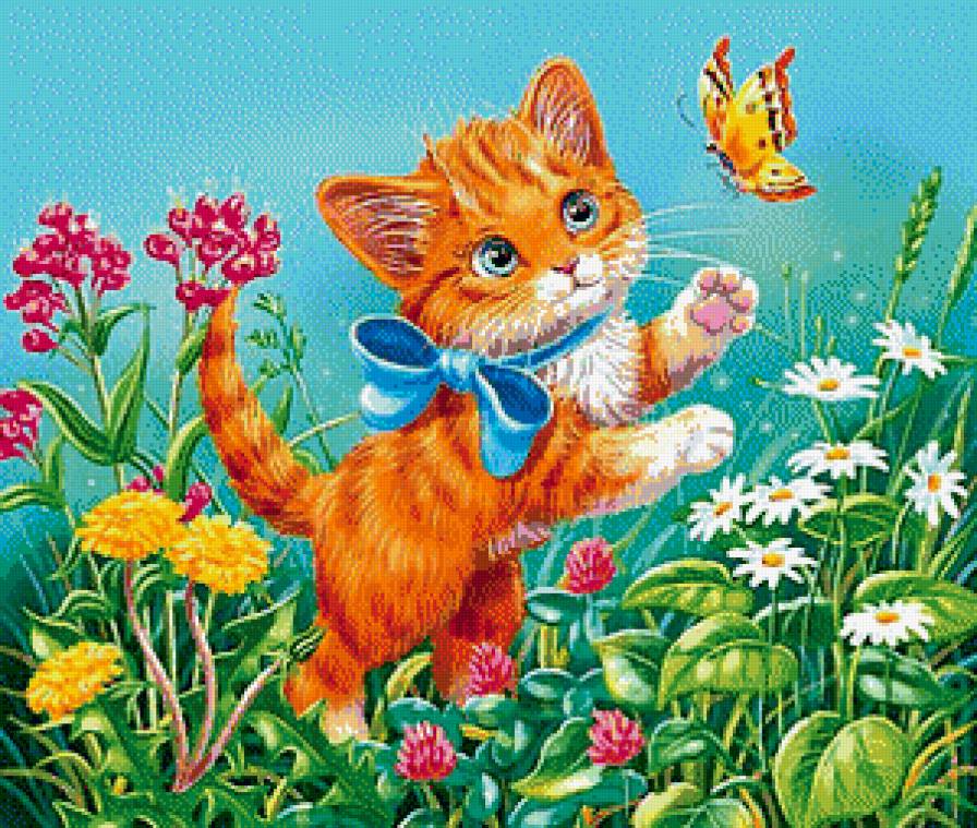 На летней лужайке - лето, цветы, ромашки, котенок, бабочка - предпросмотр