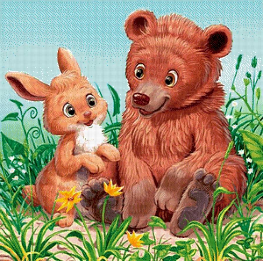 На летней лужайке - лето, мишка, цветы, зайчик - предпросмотр