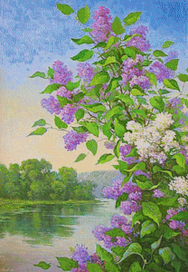 Пейзаж - пейзаж, сирень, река, картины, лес, живопись - предпросмотр