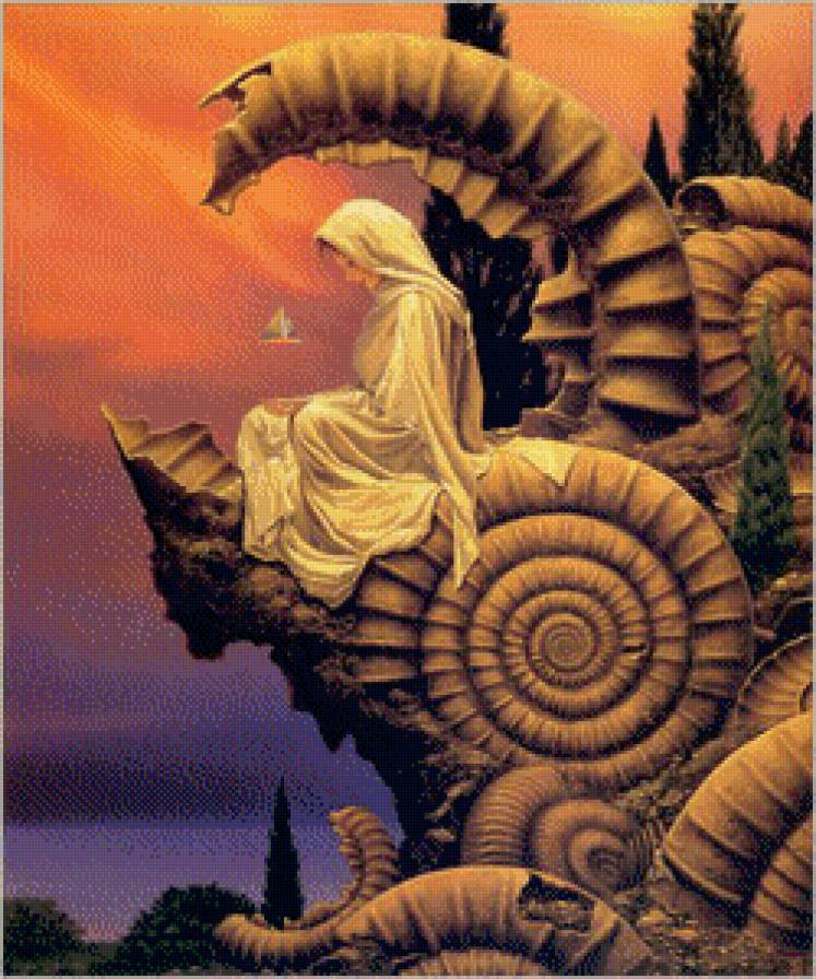 Древние аммониты 2 - аммонит, девочка, кипарис, пейзаж, сюр - предпросмотр