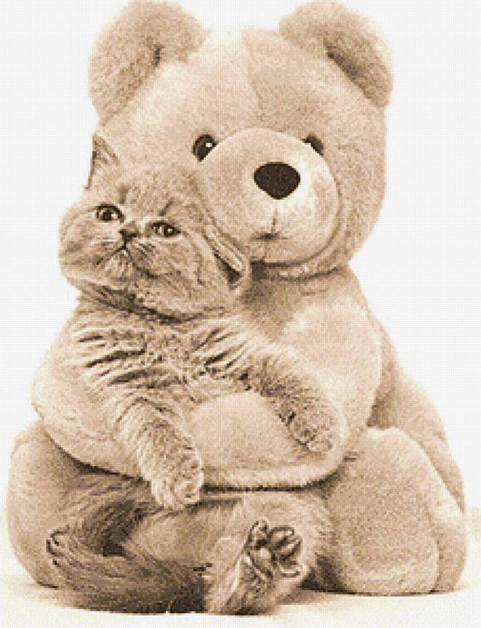 Любимый плюшевый мишка - животные, кошки, игрушки, монохром, детское, сепия - предпросмотр