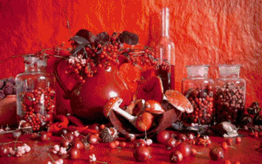 Красный натюрморт с мухоморами - банки, ягоды, грибы, бутылка, керамика, красный, мухомор - предпросмотр